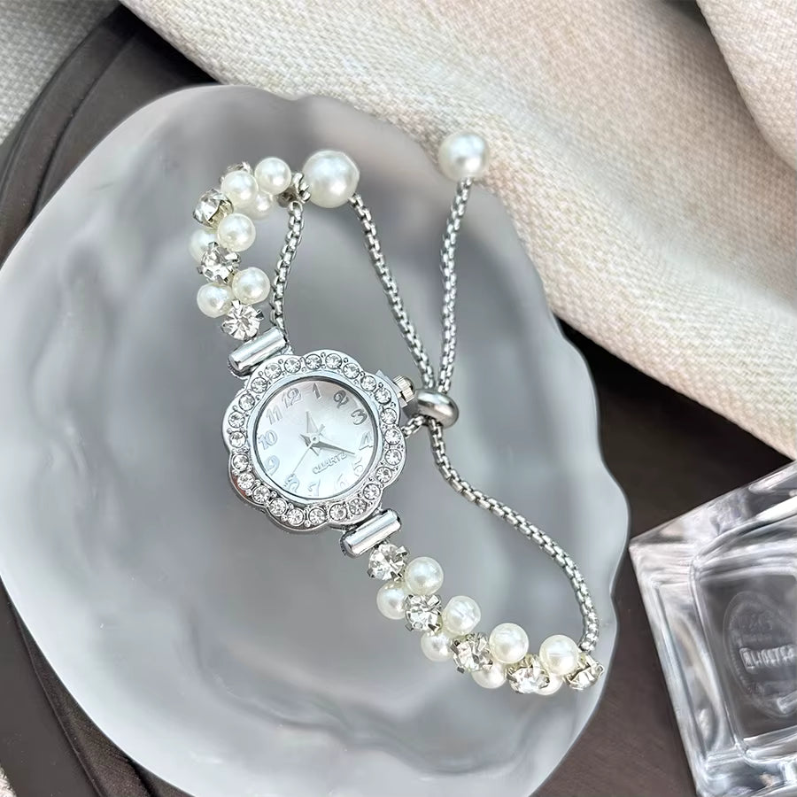 Double-Row Pearl Pull-Open Bracelet Watch